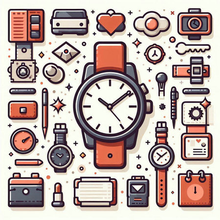 Wristwatch and accessories icons set in flat style. Vector illustration.のイラスト素材