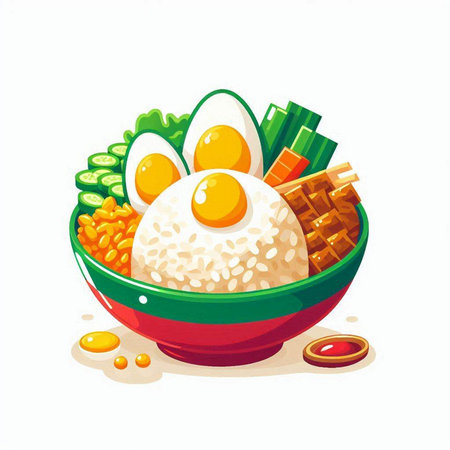 Bowl of rice with fried egg and vegetables. Vector illustration.のイラスト素材