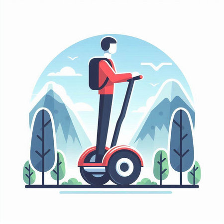 Man riding electric scooter in the park. Flat vector illustration.のイラスト素材