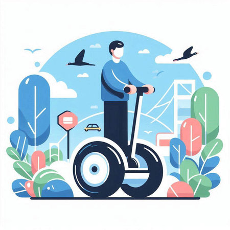 Man riding electric scooter in the park. Flat vector illustration.のイラスト素材