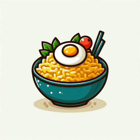 Illustration of a bowl of rice with fried egg and chopsticksのイラスト素材
