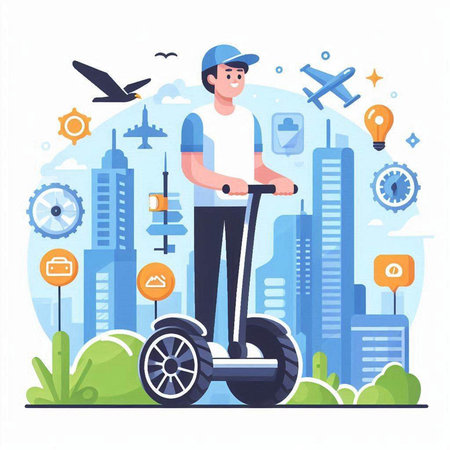 Man riding electric scooter on city background. Vector illustration in flat styleのイラスト素材