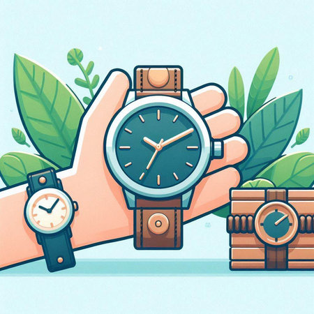 Vector illustration of hand with wristwatch on the background of nature.のイラスト素材