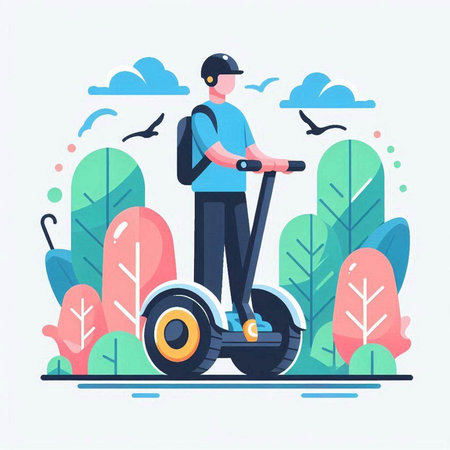 Man riding electric scooter in the park. Vector illustration in flat styleのイラスト素材