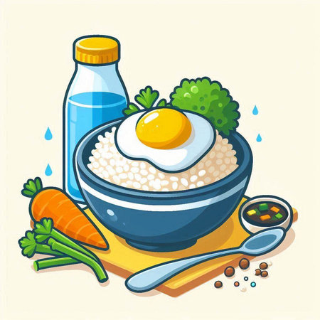 Illustration of a bowl of porridge with a fried egg and vegetablesのイラスト素材