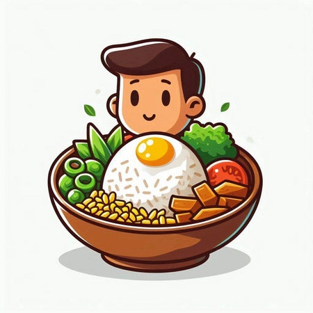 Illustration of a man eating rice with vegetables in a bowl.のイラスト素材