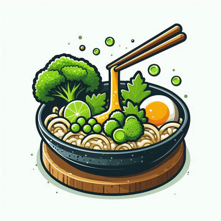 Illustration of a bowl of noodle with chopsticks and vegetablesのイラスト素材