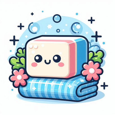 Cute hand drawn soap with flowers and towels. Vector illustration.のイラスト素材