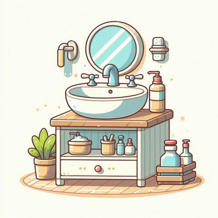 Bathroom interior. Bathroom furniture. Vector illustration in cartoon style.のイラスト素材