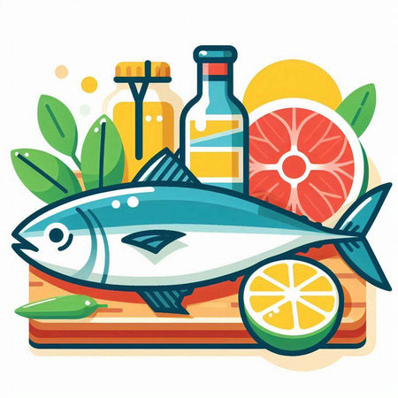 Tuna fish with lemon, olive oil and grapefruit. Vector illustration.のイラスト素材