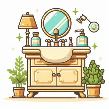 Bathroom interior. Bathroom furniture. Vector illustration in cartoon style.のイラスト素材