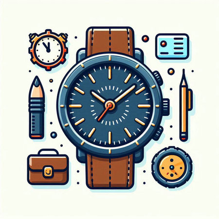Wristwatch and accessories for work. Vector illustration in flat styleのイラスト素材