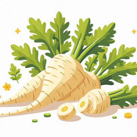 Illustration of fresh parsnip with leaves on a white backgroundのイラスト素材