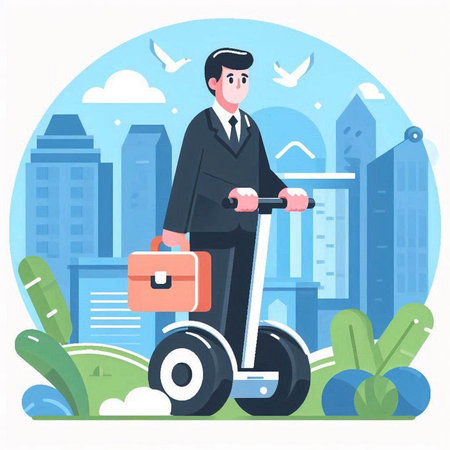 Businessman riding on electric scooter. Vector illustration in flat styleのイラスト素材