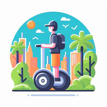 Young man riding on electric scooter. Flat design vector illustration.のイラスト素材