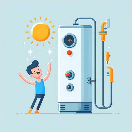 Vector cartoon illustration of man standing near boiler with hot water in flat style.のイラスト素材