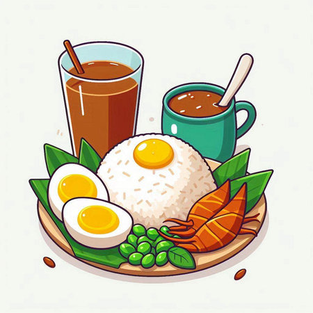 Illustration of a plate with rice, eggs, shrimps and coffeeのイラスト素材