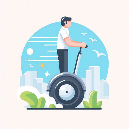 Man driving electric scooter on city background. Flat vector illustration.のイラスト素材