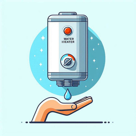 Vector illustration of a hand holding an electric water heater on blue background.のイラスト素材
