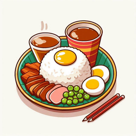 Illustration of a plate of rice with fried egg and chopsticksのイラスト素材