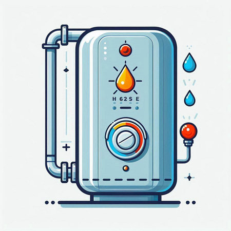 Vector illustration of boiler with water drops on white background. Line art style design for web, site, advertising, banner, poster, board and print.のイラスト素材