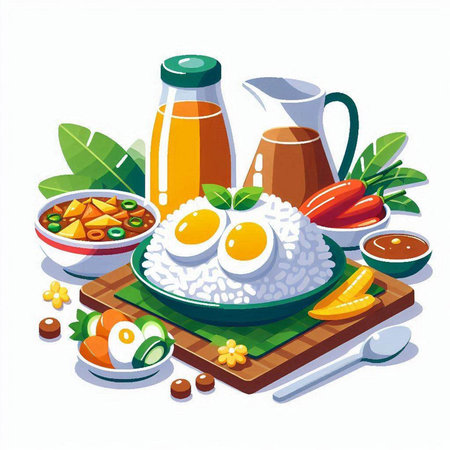 Illustration of healthy breakfast with rice, egg, tomato, carrot, onion, cucumber, pepper and juiceのイラスト素材