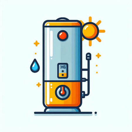 Illustration of electric boiler with water drops and sun. Vector line art icon.のイラスト素材
