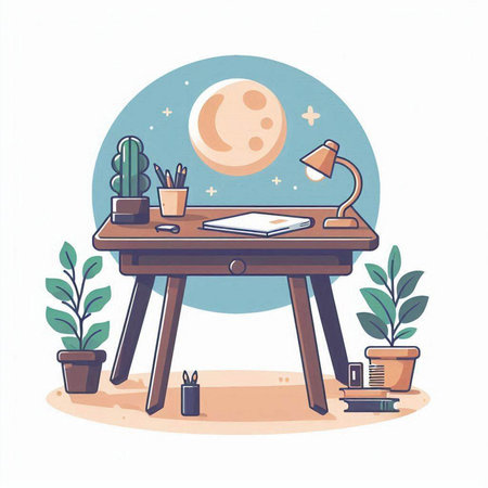 Vector illustration of night table with lamp, books, cactus and moon.のイラスト素材