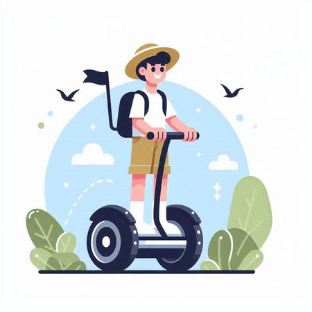 Young man riding electric scooter in the park. Flat vector illustration.のイラスト素材