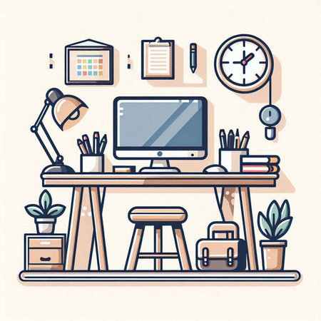 Office workplace. Workplace with computer and stationery. Vector illustrationのイラスト素材
