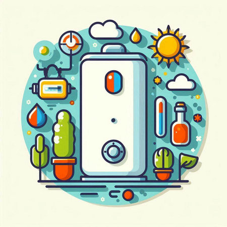 Water boiler with water drops and plants. Flat style vector illustration.のイラスト素材