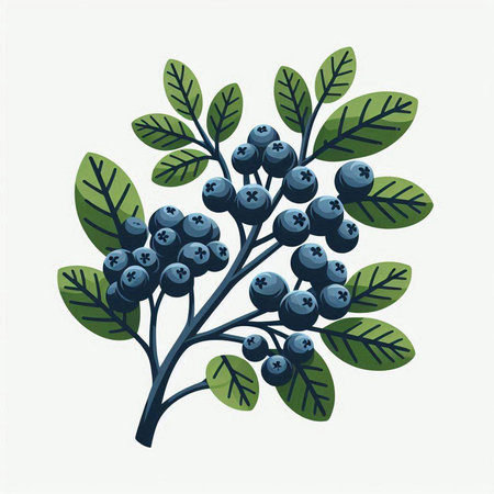 Blueberries on a branch with green leaves. Vector illustration for your design.のイラスト素材