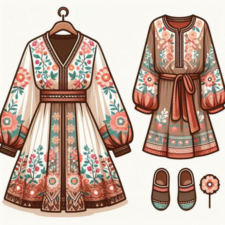 Ukrainian folk costume. Clothes and accessories. Vector illustration.のイラスト素材