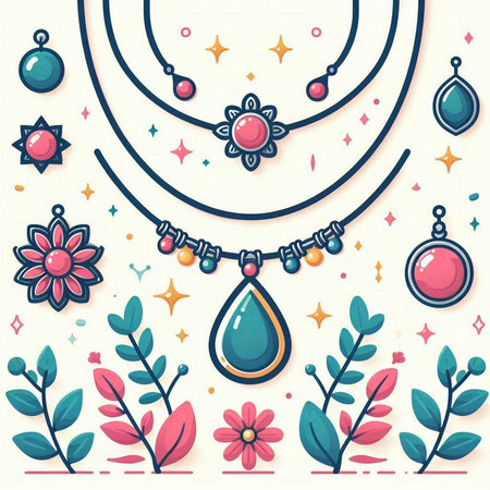 Necklace with flowers, leaves and gems. Vector illustration.のイラスト素材