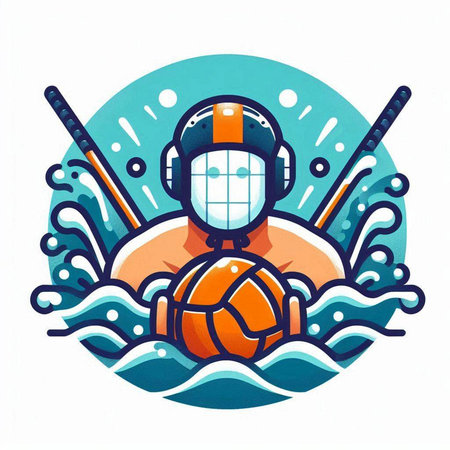 Water polo player in helmet with ball in the water. Vector illustrationのイラスト素材