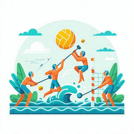 Volleyball players in action on the beach. Flat vector illustration.のイラスト素材