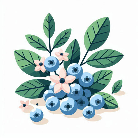 Blueberry bunch with flowers and leaves isolated on white background. Vector illustration.のイラスト素材