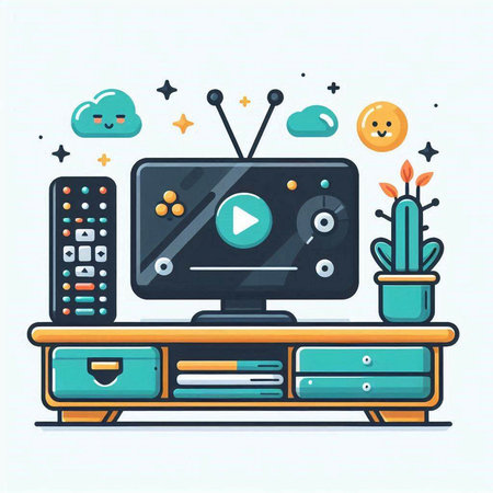 Vector illustration of home entertainment. TV, game console, remote control, tv. Flat design.のイラスト素材