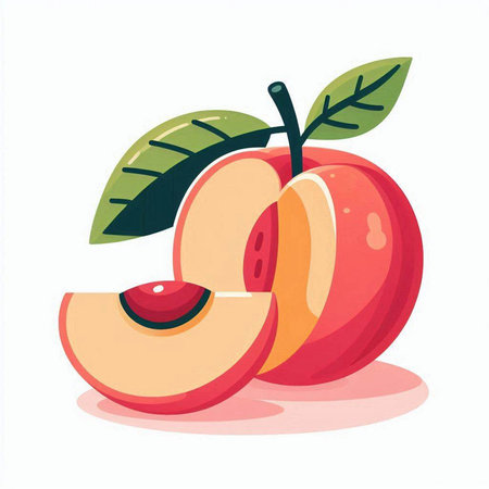 Red apple with leaves isolated on white background. Vector illustration in cartoon style.のイラスト素材