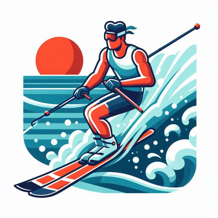Skier skiing in the sea. Vector illustration on white background.のイラスト素材