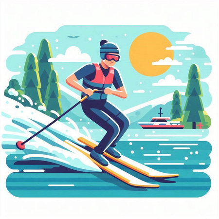 Skier in helmet and goggles skiing on the water. Vector illustrationのイラスト素材