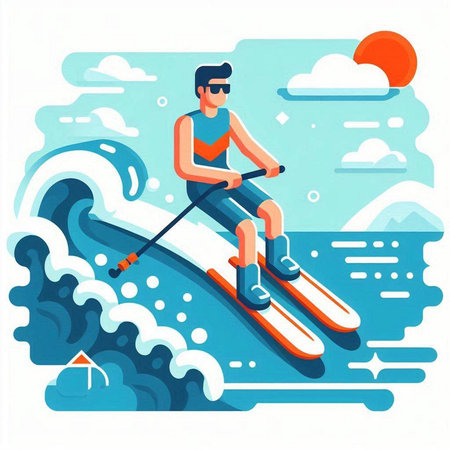 Man on skis in the sea. Flat style vector illustration.のイラスト素材