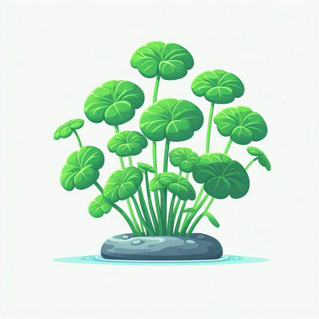 Vector illustration of a small green plant growing on a stone in the waterのイラスト素材