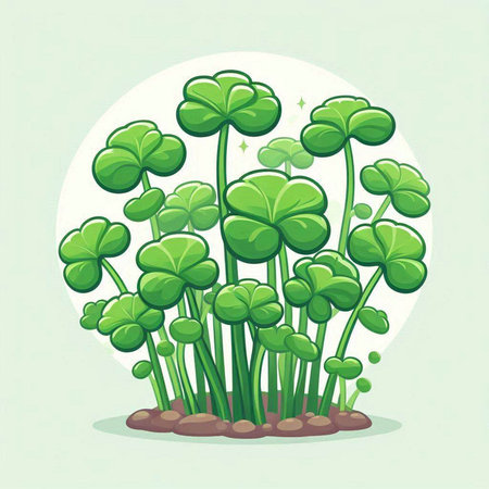 Illustration of a group of green clover plants growing in the soilのイラスト素材