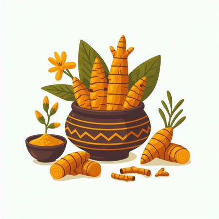 Turmeric root in bowl with turmeric powder. Vector illustration.のイラスト素材