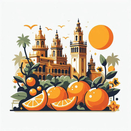 Colorful vector illustration of Jaipur cityscape with orange fruits.のイラスト素材