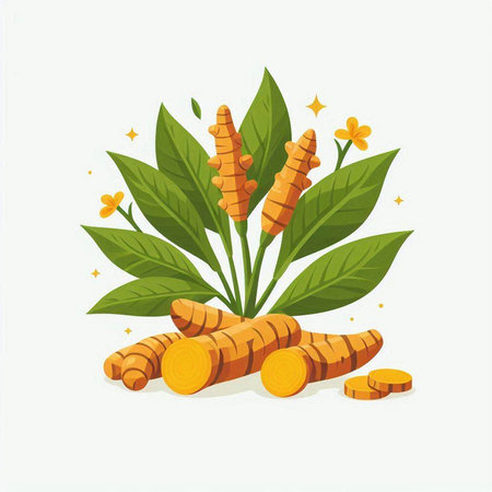 Turmeric root and leaves isolated on white background. Vector illustration.のイラスト素材