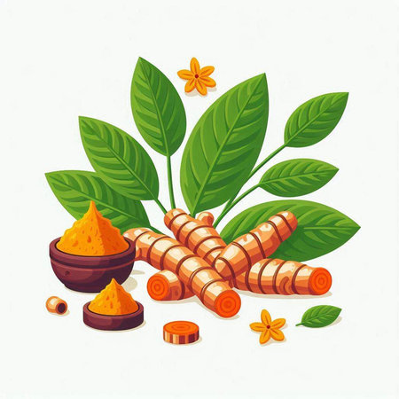 Turmeric root, leaves and powder. Vector illustration for your designのイラスト素材