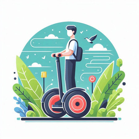 Man riding electric scooter in the park. Flat vector illustration.のイラスト素材