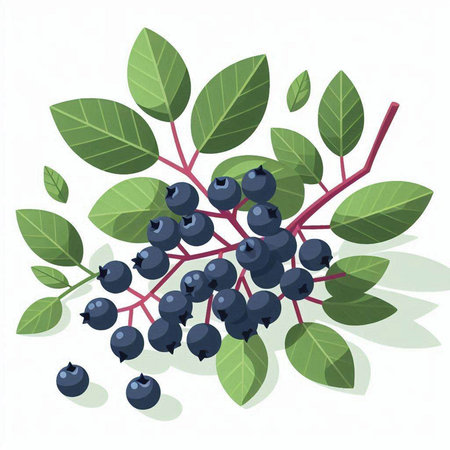 Bunch of blueberries with leaves on white background. Vector illustration.のイラスト素材